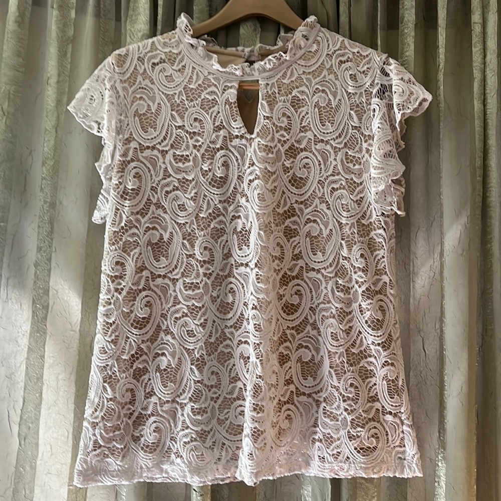 SOLD Perseption Concepts Ruffles Lace Fluttered Sleeves Antique & Tan Blouse
